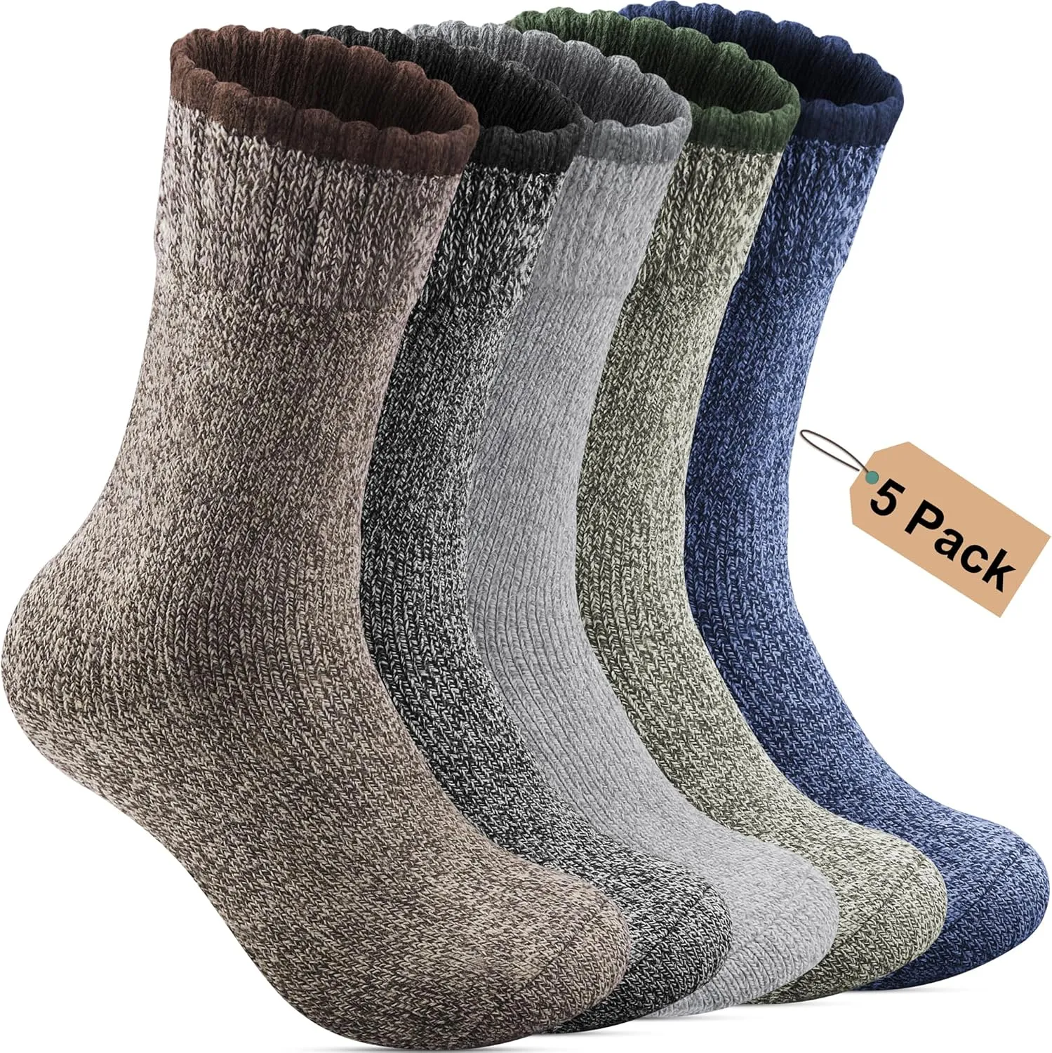 5 Pack Merino Wool Socks - Men's Winter Warm Thermal Hiking Socks for Camping and Cozy Wear