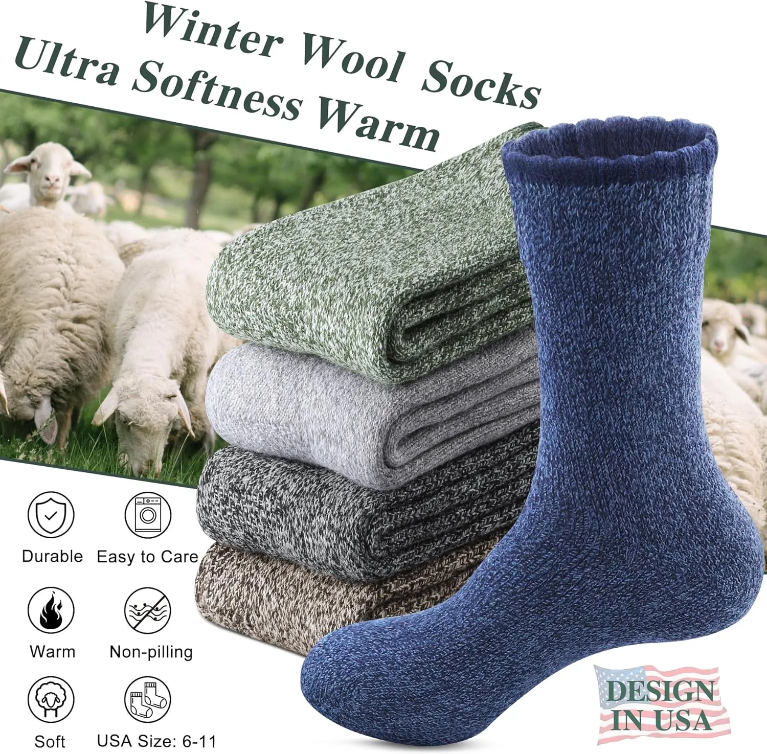5 Pack Merino Wool Socks - Men's Winter Warm Thermal Hiking Socks for Camping and Cozy Wear