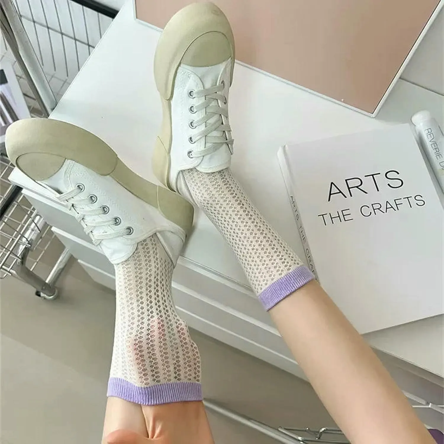 5 Pair Women Summer Hollow Out Mesh Thin Breathable Elastic Sport Casual Middle Tube Socks
