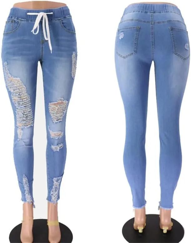 Andongnywell Women's Stretchy Ripped Hole Skinny Jeans Butt Lifting Distressed Denim Pants with Pockets Trousers