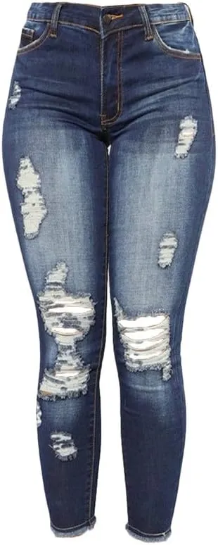 Andongnywell Women's Stretchy Ripped Hole Skinny Jeans Butt Lifting Distressed Denim Pants with Pockets Trousers