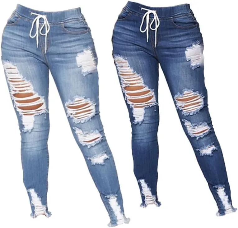 Andongnywell Women's Stretchy Ripped Hole Skinny Jeans Butt Lifting Distressed Denim Pants with Pockets Trousers