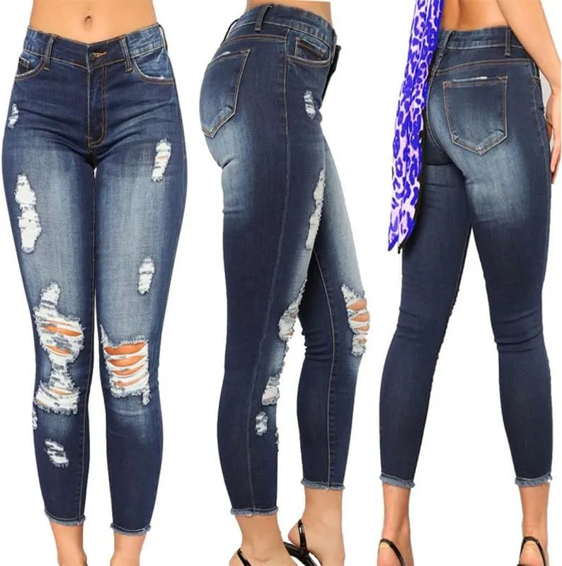 Andongnywell Women's Stretchy Ripped Hole Skinny Jeans Butt Lifting Distressed Denim Pants with Pockets Trousers
