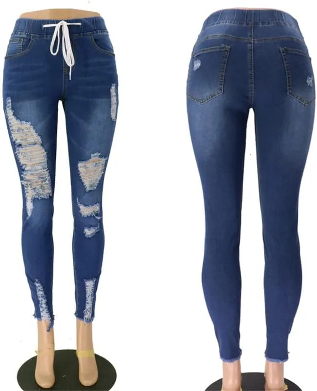 Andongnywell Women's Stretchy Ripped Hole Skinny Jeans Butt Lifting Distressed Denim Pants with Pockets Trousers