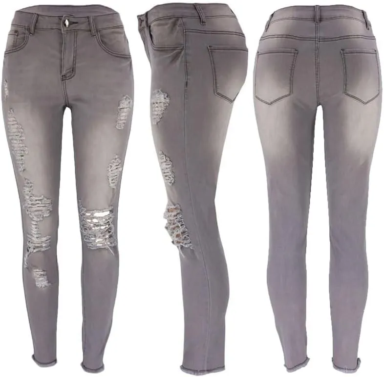 Andongnywell Women's Stretchy Ripped Hole Skinny Jeans Butt Lifting Distressed Denim Pants with Pockets Trousers