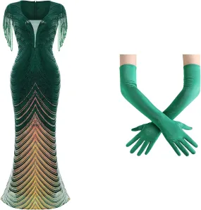 BABEYOND Women Mermaid Sequin Gown - Bodycon Maxi Glitter Beaded Prom Dark Green Dress Long Satin Opera Gloves Elbow Length for Evening Party