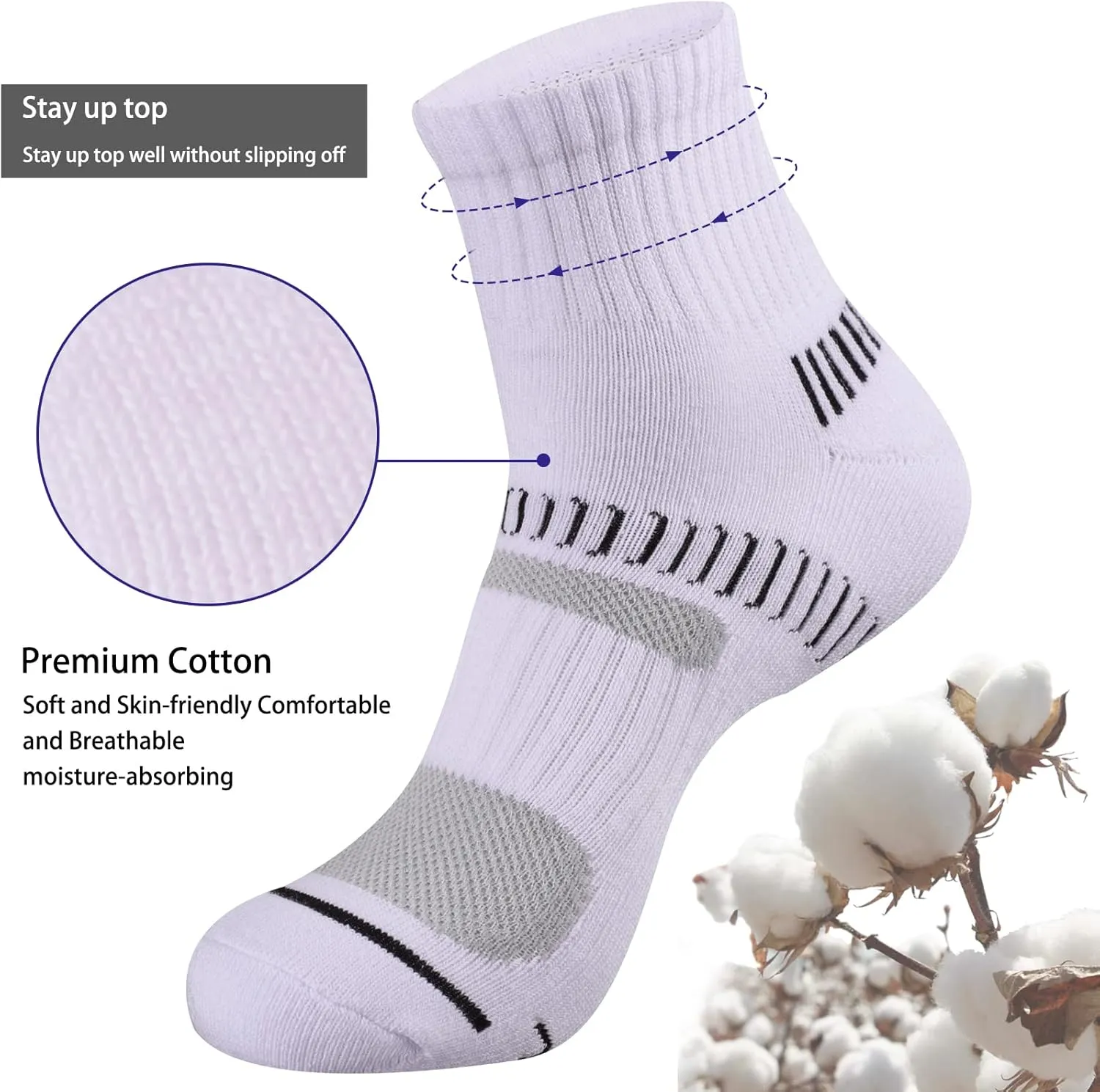 Cooplus Men's Cotton Athletic Ankle Socks Performance Cushioned Quarter Moisture Wicking Sock - 6 Pairs