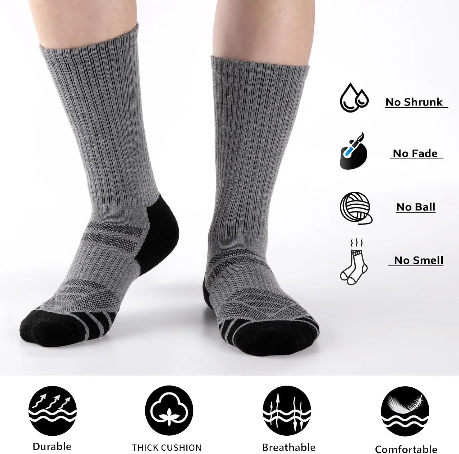 COOPLUS Mens Performance Crew Socks, Heavy Cushion Athletic Durable Work Socks for Men (5 Pairs)