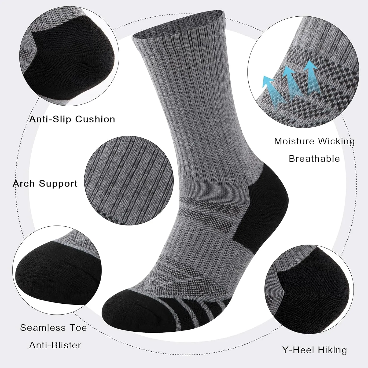 COOPLUS Mens Performance Crew Socks, Heavy Cushion Athletic Durable Work Socks for Men (5 Pairs)