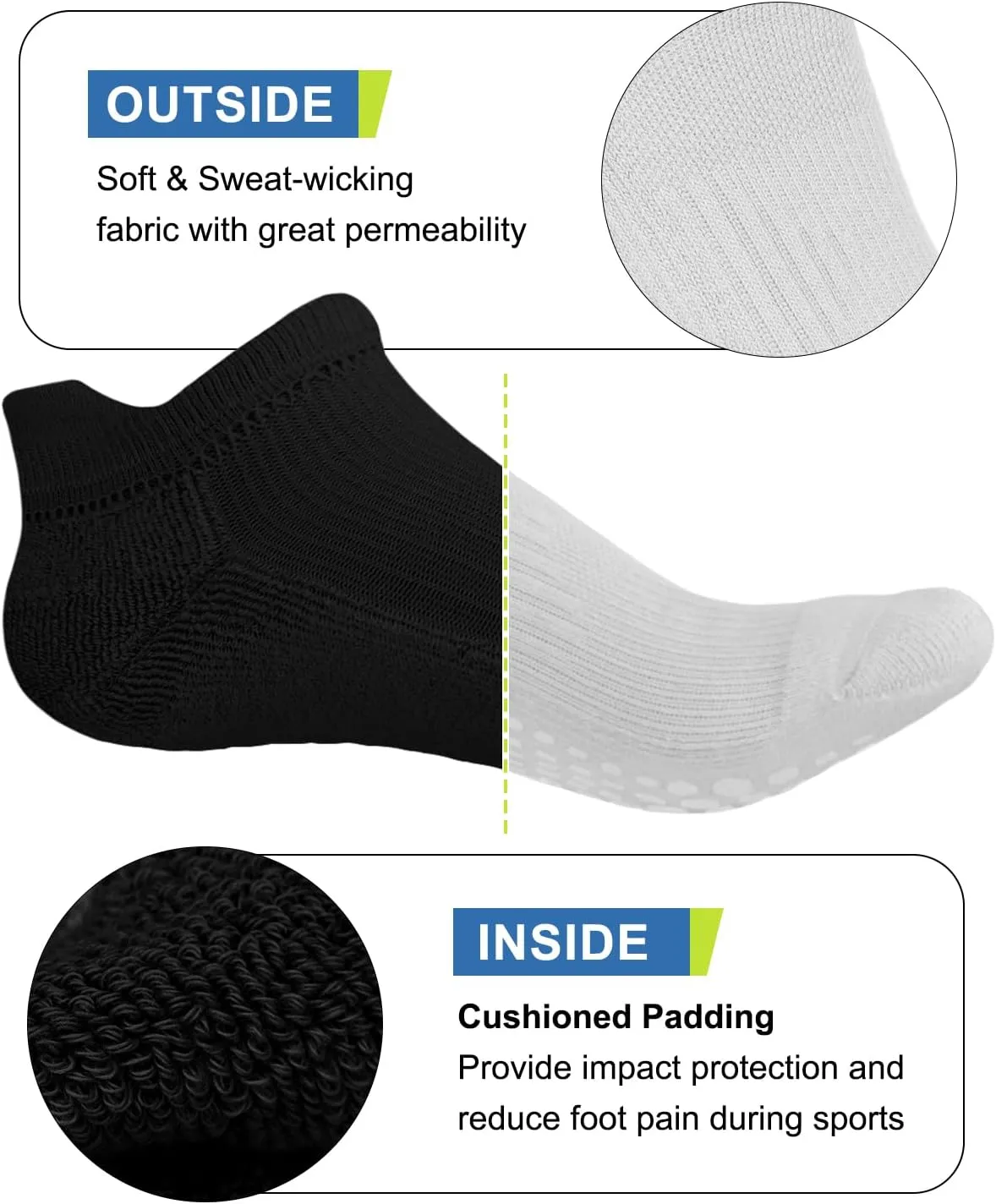DHSO Men's Non Slip Grip Socks for Yoga, Pilates, Hospital - Low Cut Cushioned Barefoot Workout Anti Skid Athletic Socks