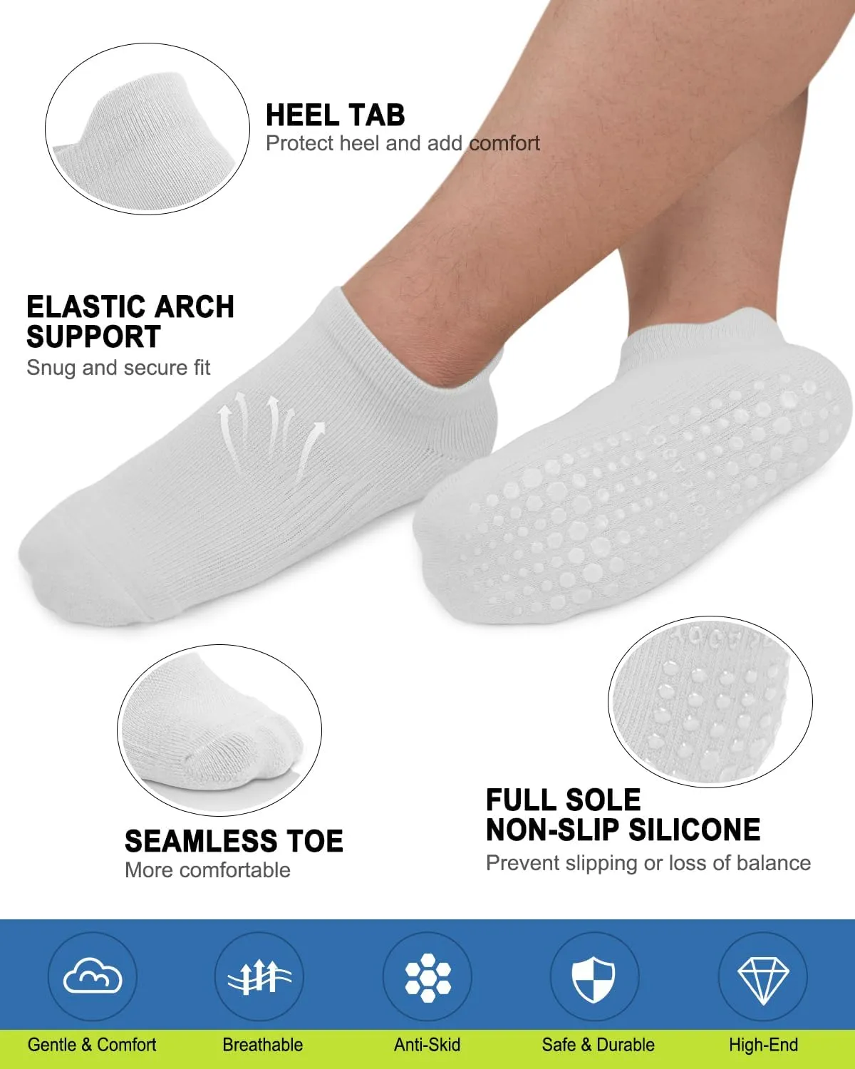 DHSO Men's Non Slip Grip Socks for Yoga, Pilates, Hospital - Low Cut Cushioned Barefoot Workout Anti Skid Athletic Socks