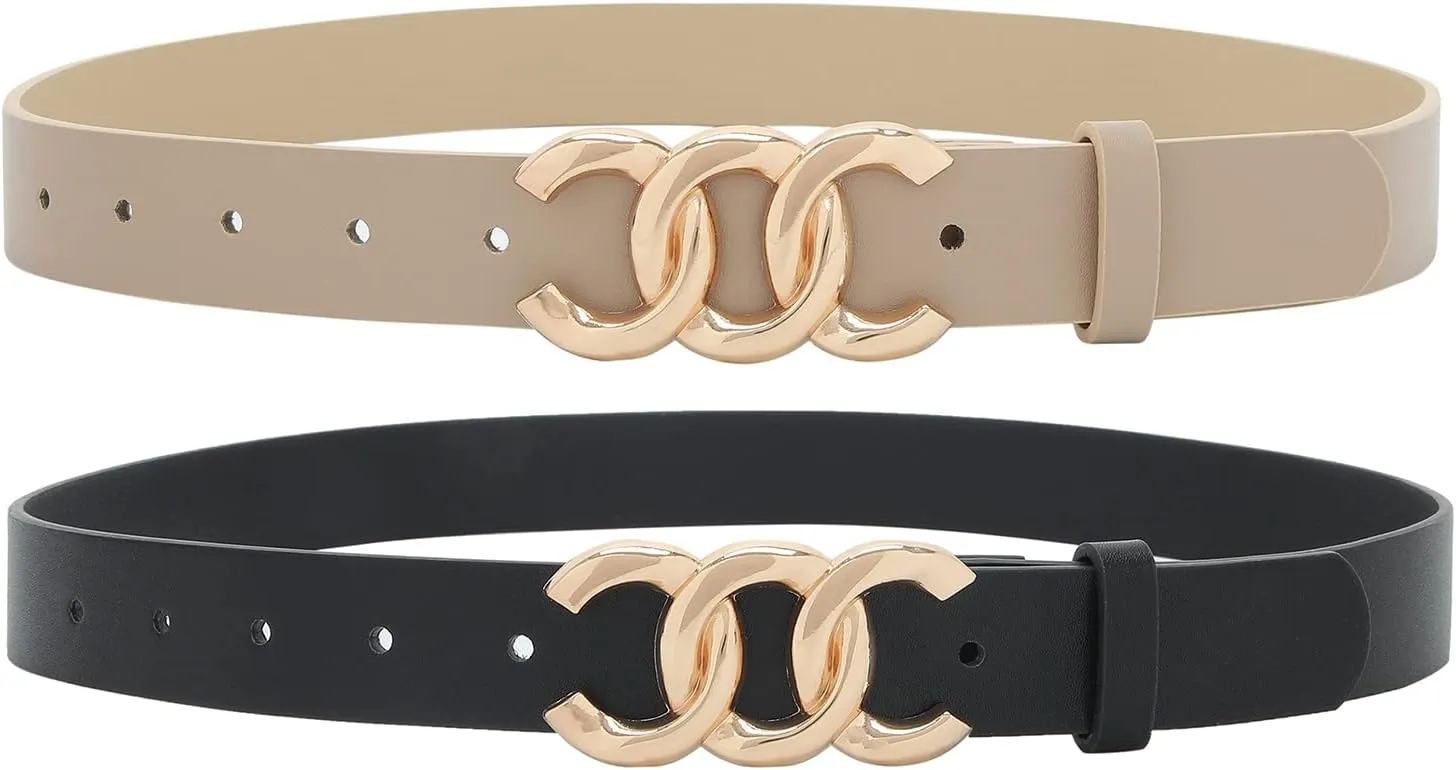 Earnda 2 Pack Women Belts for Jeans Dresses Fashion Gold Buckle Ladies Waist Belt Faux Leather Size up to 41 inch