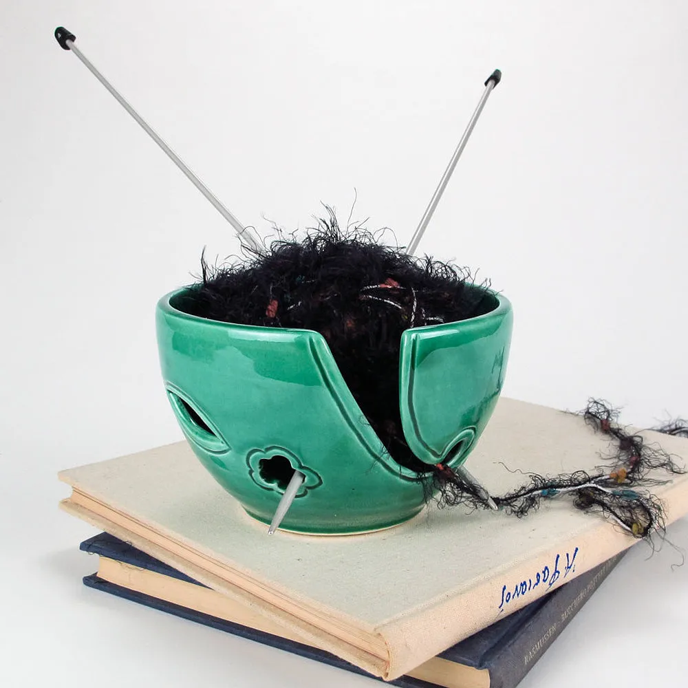Emerald Green Yarn Bowl Leaves Knitting Bowl Ceramic Porcelain Yarn Holder