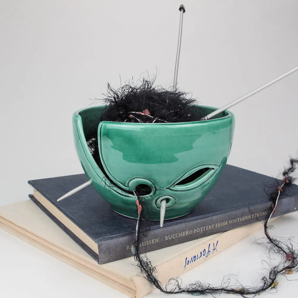 Emerald Green Yarn Bowl Leaves Knitting Bowl Ceramic Porcelain Yarn Holder