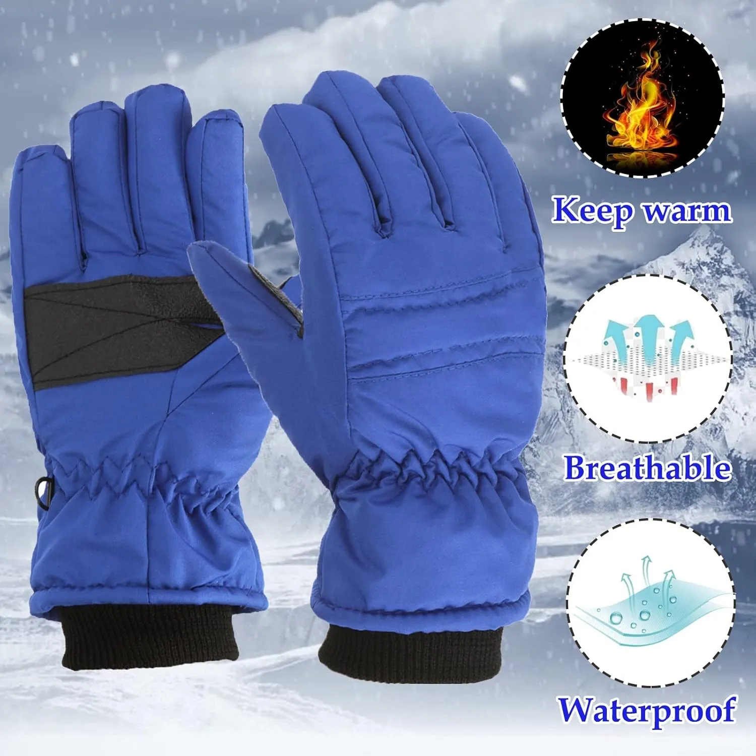 Kids Toddler Boys Girls Thermal Gloves Winter Warm Snow Gloves Ski Windproof Snowboard Gloves for Cold Weather (Blue, 7-12 Years)