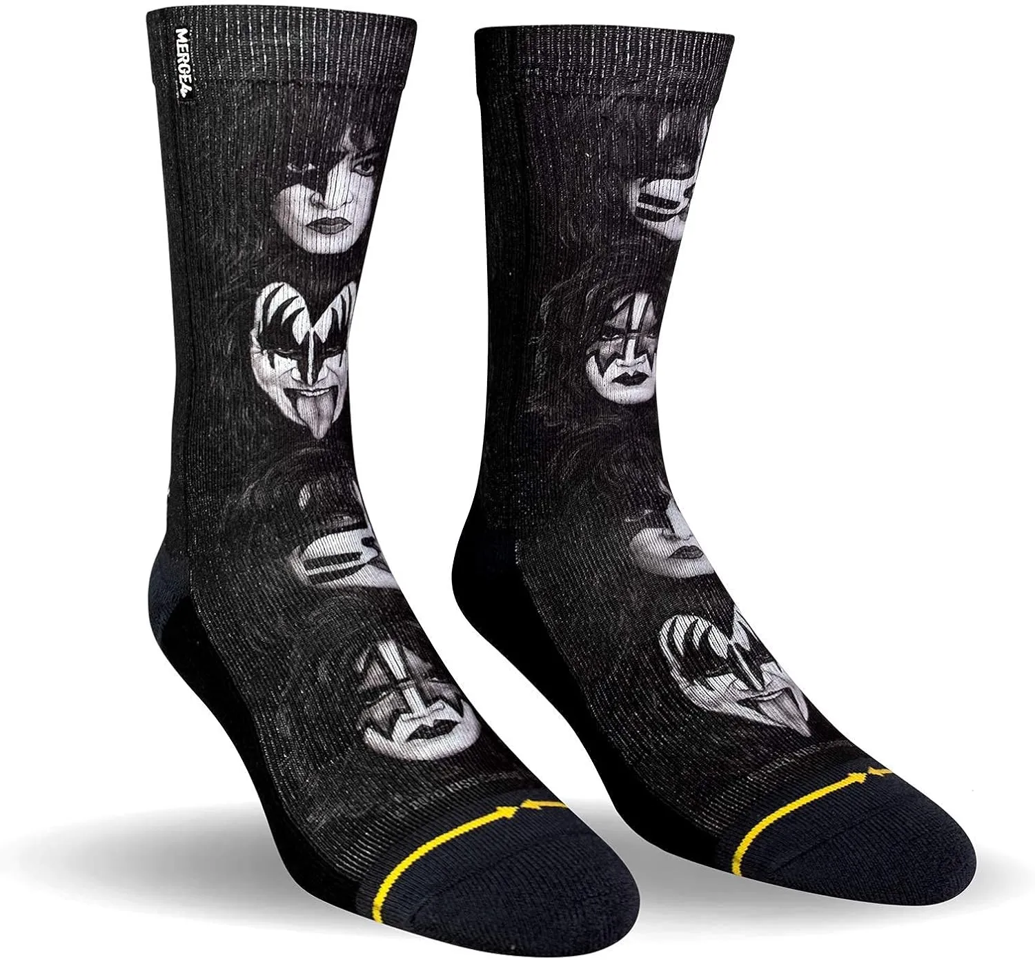 MERGE4 KISS Faces Collectible Large Crew Socks for Men and Women Officially Licensed Black White Iconic Rock and Roll Band