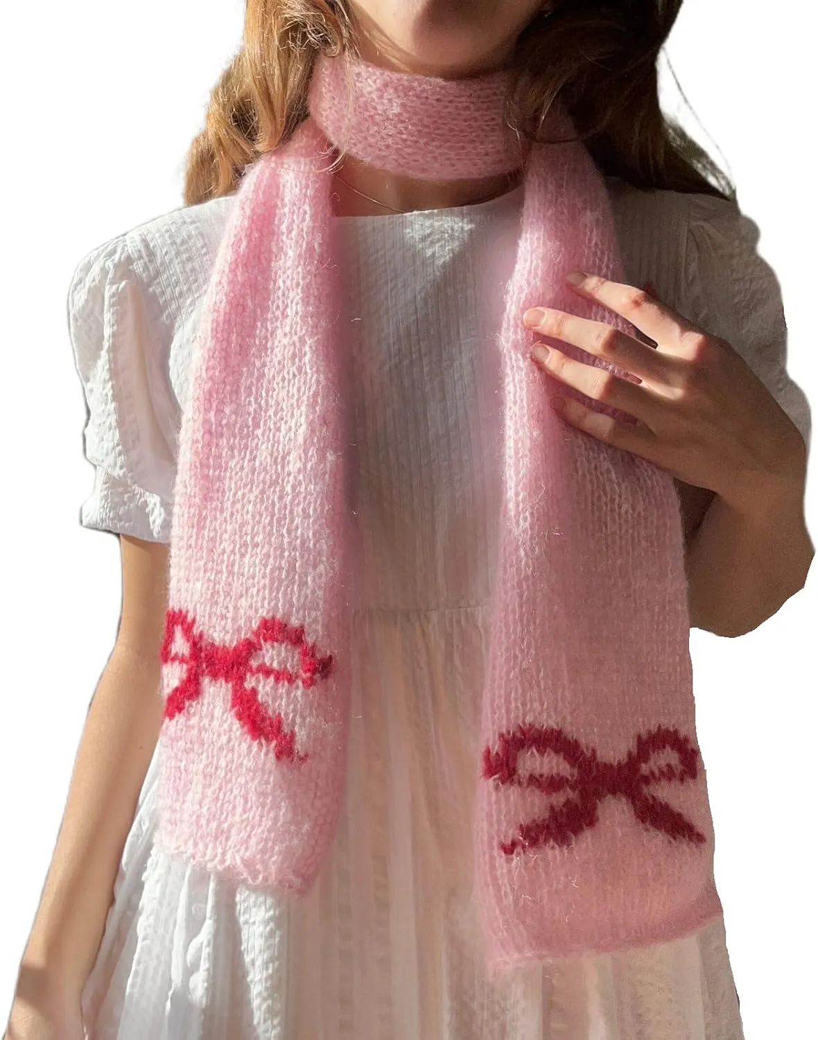 NUFIWI Y2K Kawaii Bow Pattern Knit Scarf Color Block Soft Cashmere Feel Scarf Classic Knitted Tassel Scarves Neckerchief