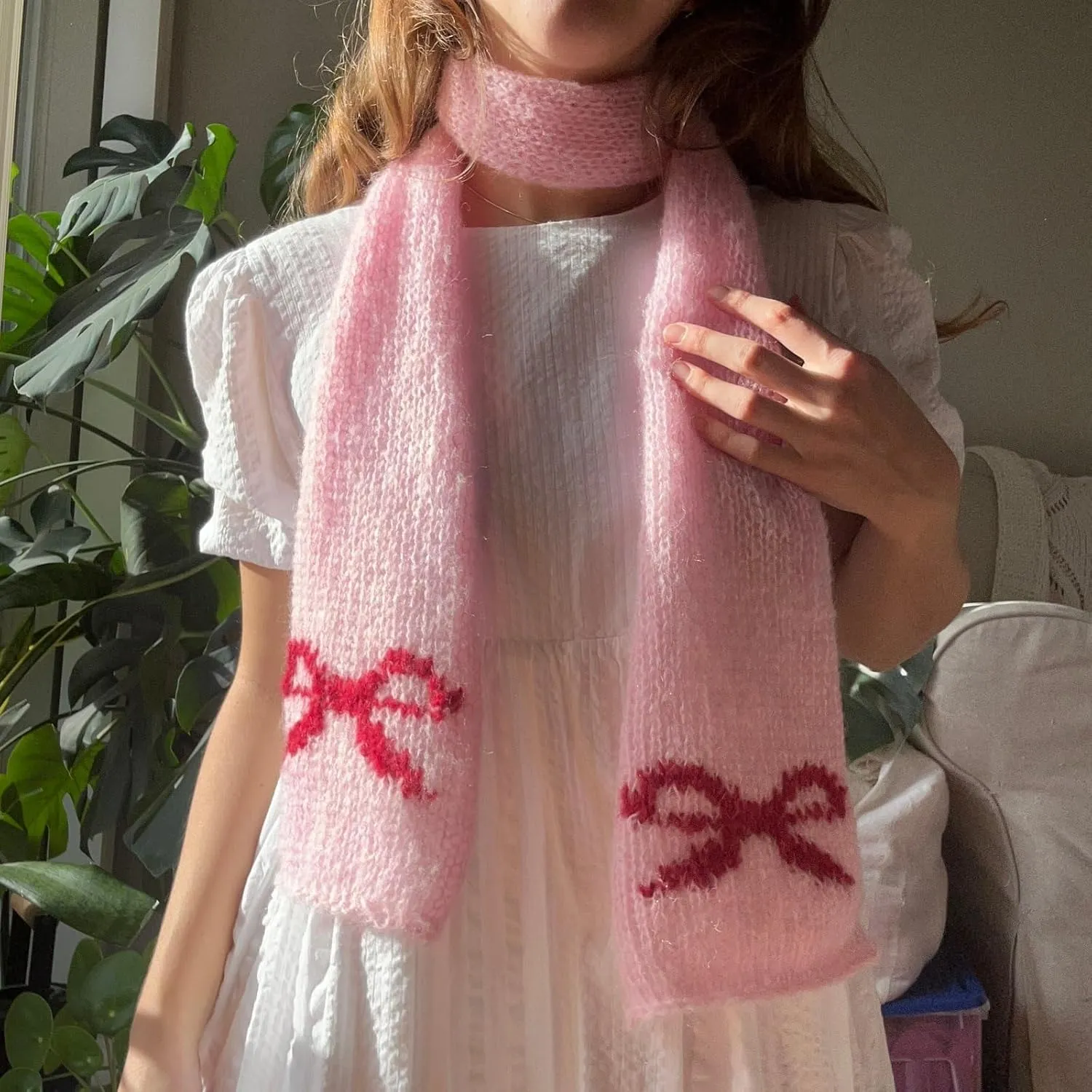 NUFIWI Y2K Kawaii Bow Pattern Knit Scarf Color Block Soft Cashmere Feel Scarf Classic Knitted Tassel Scarves Neckerchief