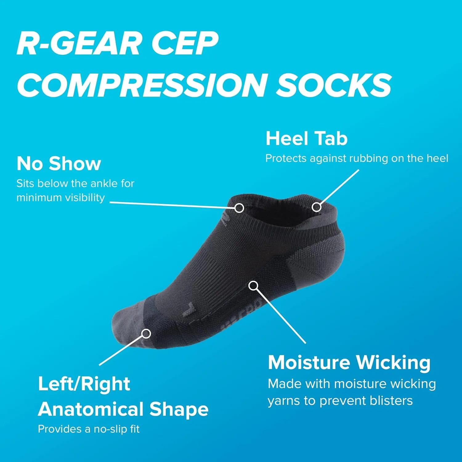 R-Gear CEP Compression Running Socks For Women, No Show, Heel Tab | Breathable, Maintain Blood Circulation | 3 Pack