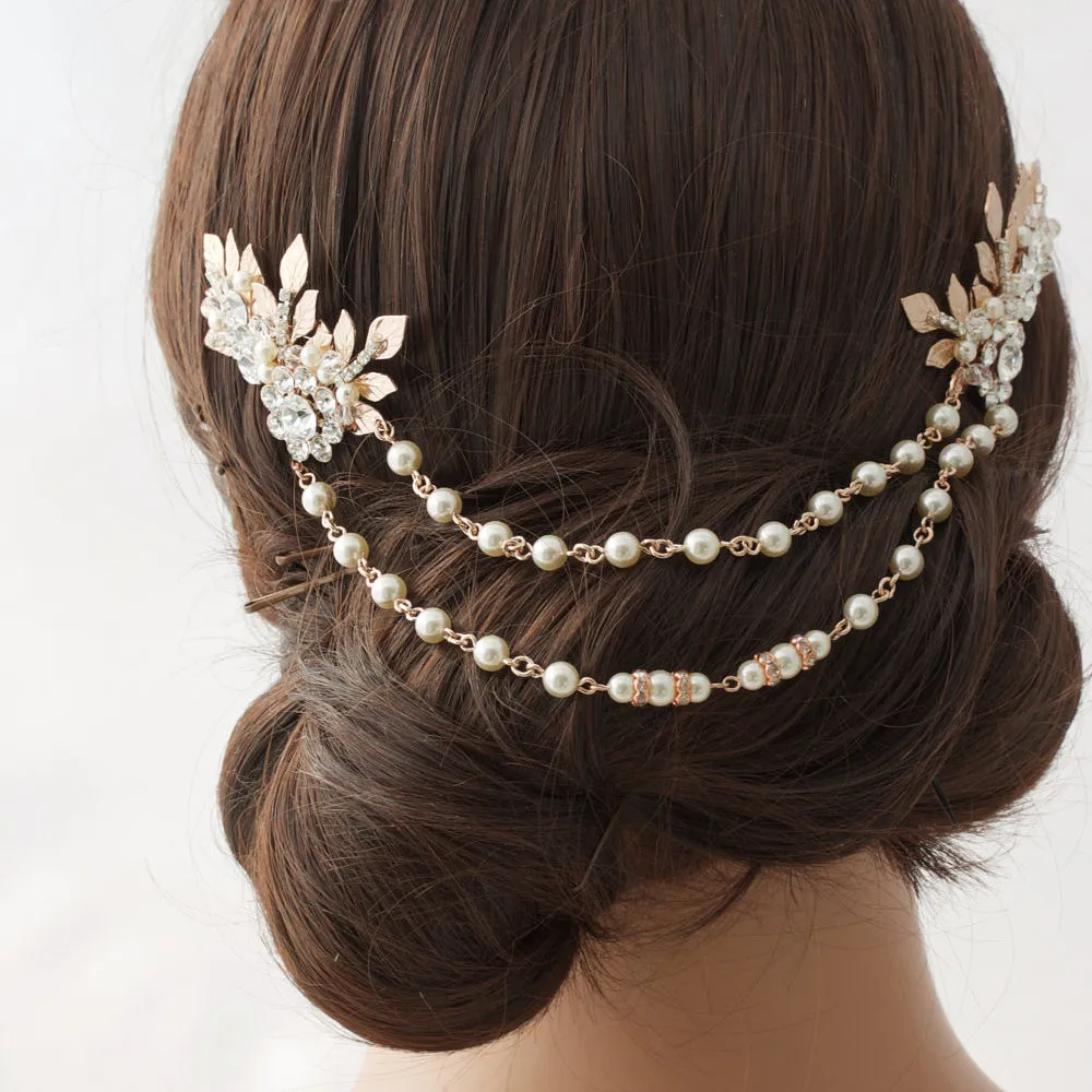 Rose Gold Hair Chain Wedding Headpiece Pearl Draped Bridal Hair Comb Set Leaf Head Piece Leaf Hair Vine Bridal Hair Accessory Anwen