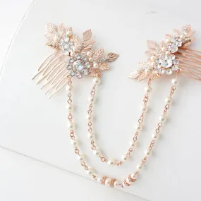 Rose Gold Hair Chain Wedding Headpiece Pearl Draped Bridal Hair Comb Set Leaf Head Piece Leaf Hair Vine Bridal Hair Accessory Anwen