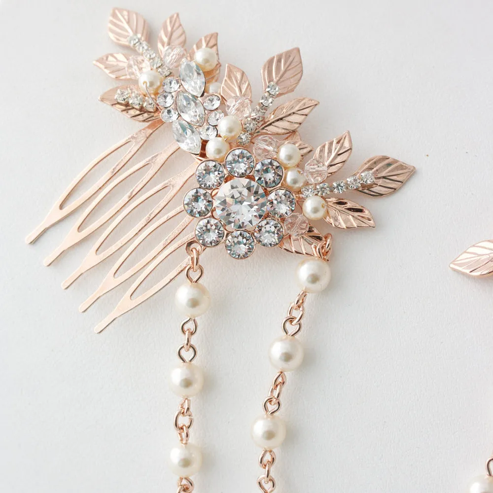 Rose Gold Hair Chain Wedding Headpiece Pearl Draped Bridal Hair Comb Set Leaf Head Piece Leaf Hair Vine Bridal Hair Accessory Anwen