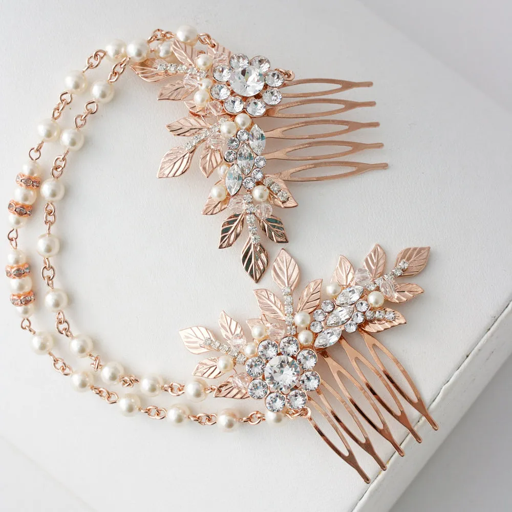 Rose Gold Hair Chain Wedding Headpiece Pearl Draped Bridal Hair Comb Set Leaf Head Piece Leaf Hair Vine Bridal Hair Accessory Anwen
