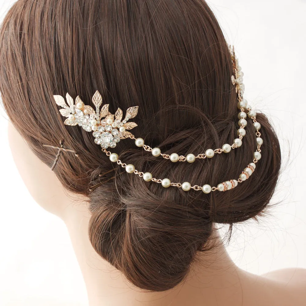 Rose Gold Hair Chain Wedding Headpiece Pearl Draped Bridal Hair Comb Set Leaf Head Piece Leaf Hair Vine Bridal Hair Accessory Anwen