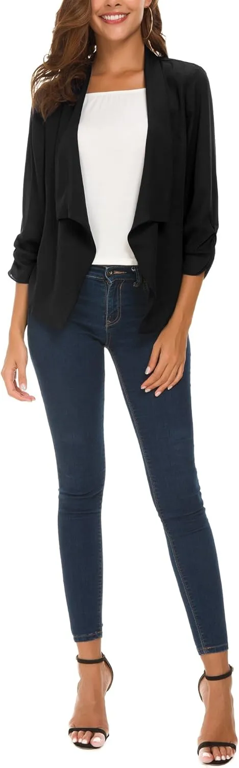 Urban CoCo Women's Ruched Sleeve Lightweight Thin Chiffon Blazer