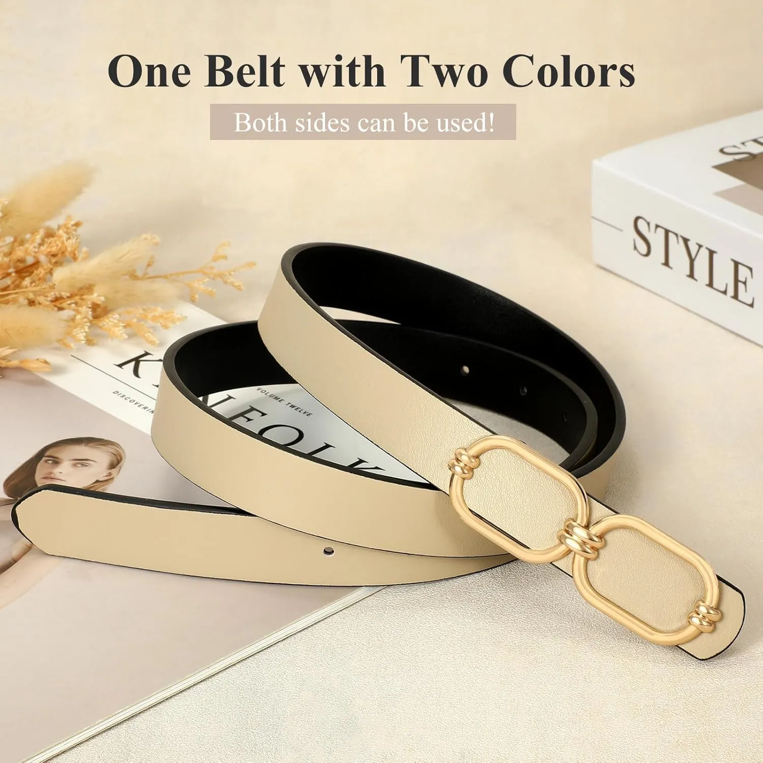 WHIPPY Women Reversible Leather Belts for Jeans Pants Fashion Skinny Belt Ladies Waist Belt with Gold Buckle