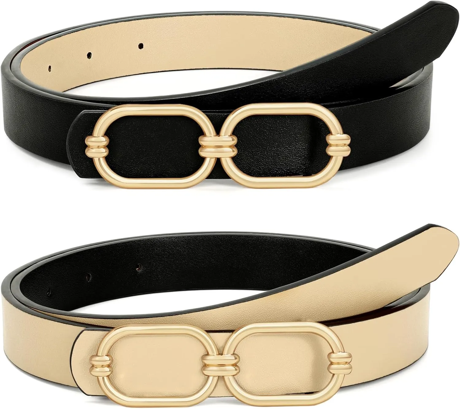 WHIPPY Women Reversible Leather Belts for Jeans Pants Fashion Skinny Belt Ladies Waist Belt with Gold Buckle
