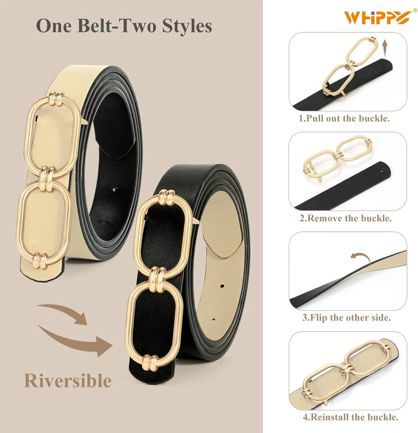 WHIPPY Women Reversible Leather Belts for Jeans Pants Fashion Skinny Belt Ladies Waist Belt with Gold Buckle