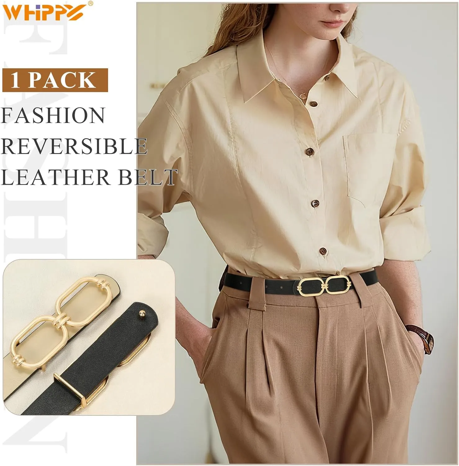 WHIPPY Women Reversible Leather Belts for Jeans Pants Fashion Skinny Belt Ladies Waist Belt with Gold Buckle