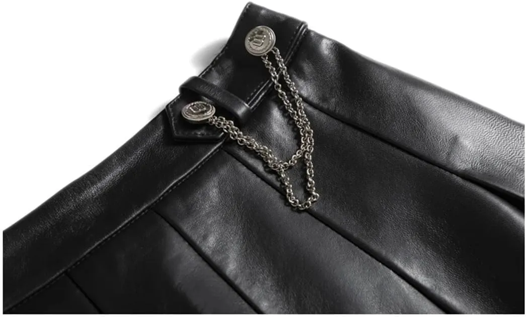 Women Lambskin Mini Pleated Skirt Playful College Style Chic Hot Girl Golden Chain Short Jupe