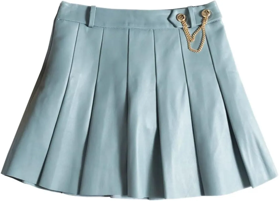 Women Lambskin Mini Pleated Skirt Playful College Style Chic Hot Girl Golden Chain Short Jupe