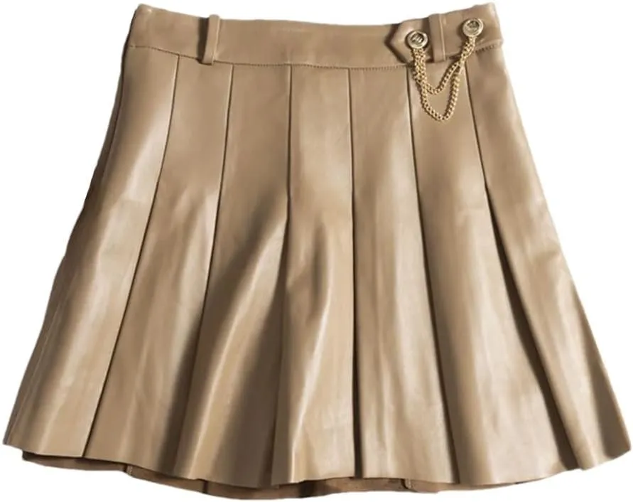 Women Lambskin Mini Pleated Skirt Playful College Style Chic Hot Girl Golden Chain Short Jupe