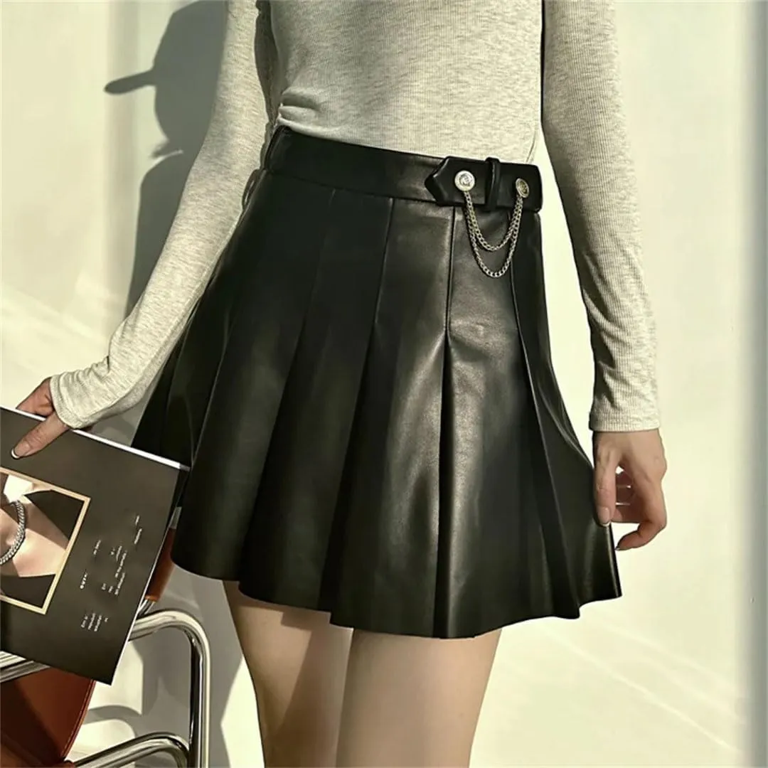 Women Lambskin Mini Pleated Skirt Playful College Style Chic Hot Girl Golden Chain Short Jupe