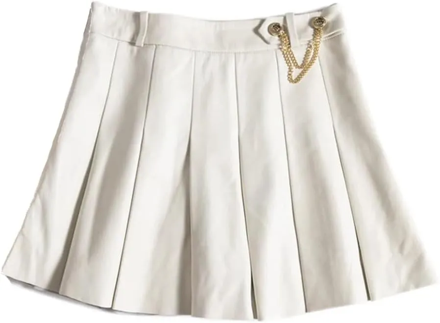 Women Lambskin Mini Pleated Skirt Playful College Style Chic Hot Girl Golden Chain Short Jupe