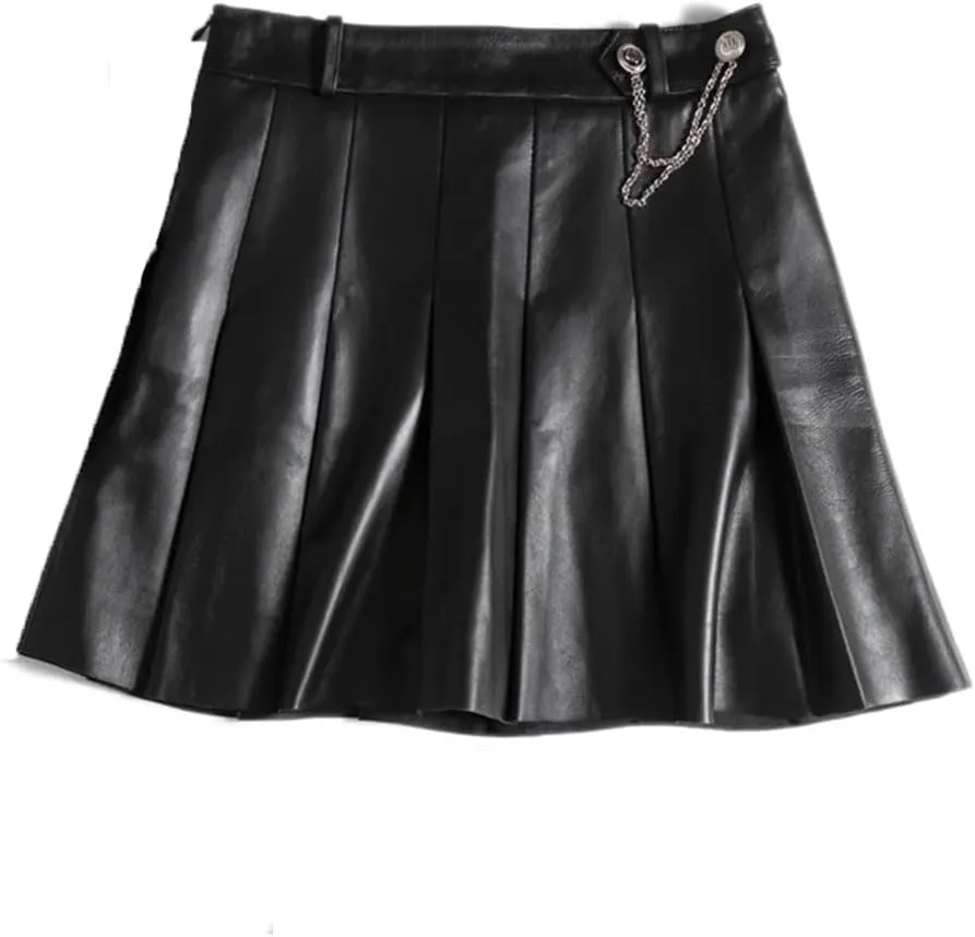 Women Lambskin Mini Pleated Skirt Playful College Style Chic Hot Girl Golden Chain Short Jupe