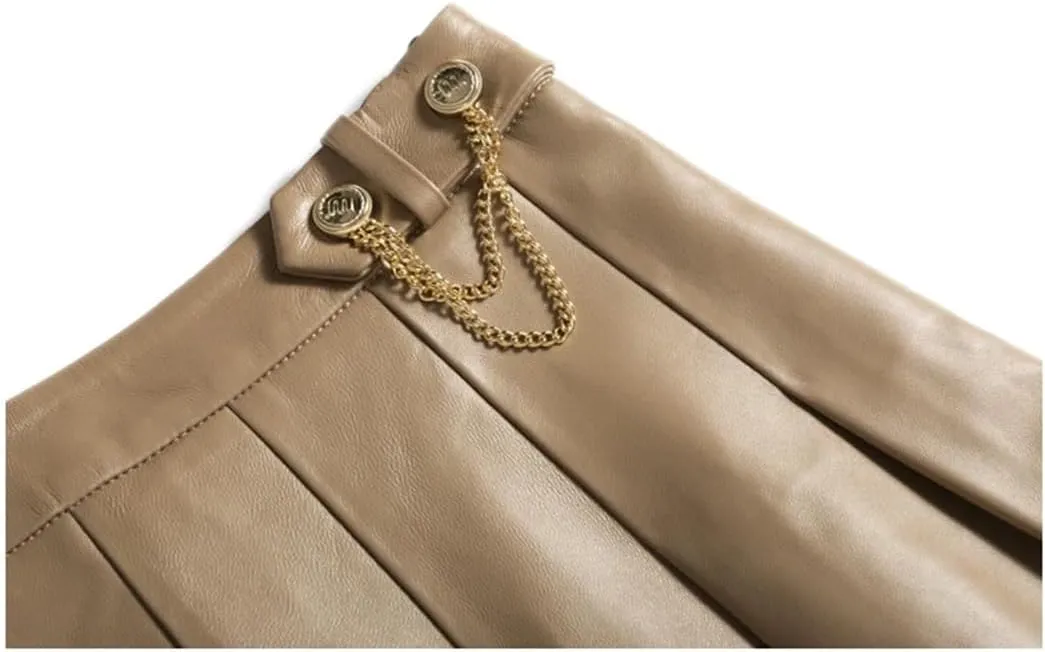 Women Playful College Style Japanese Golden Chain Short Blue White Lambskin Mini Pleated Skirt
