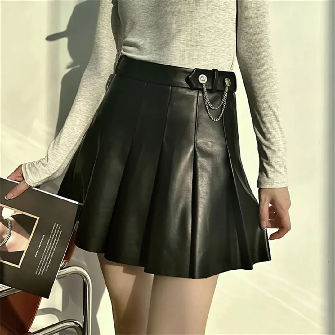 Women Playful College Style Japanese Golden Chain Short Blue White Lambskin Mini Pleated Skirt