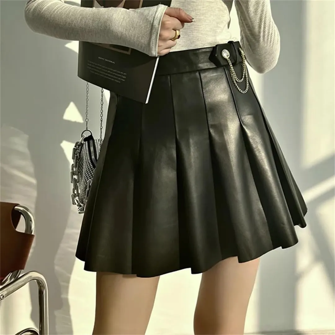 Women Playful College Style Japanese Golden Chain Short Blue White Lambskin Mini Pleated Skirt