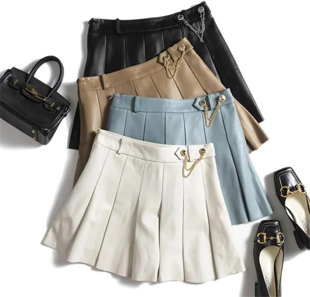 Women Playful College Style Japanese Golden Chain Short Blue White Lambskin Mini Pleated Skirt