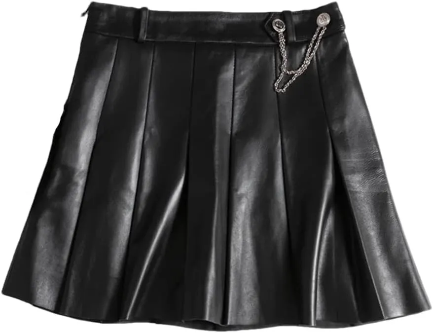 Women Playful College Style Japanese Golden Chain Short Blue White Lambskin Mini Pleated Skirt