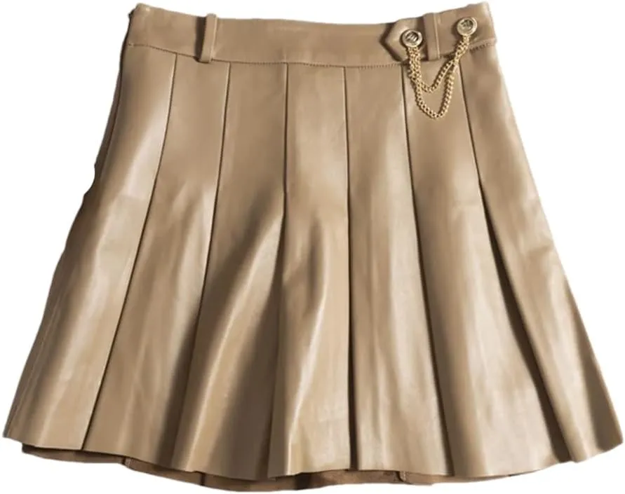 Women Playful College Style Japanese Golden Chain Short Blue White Lambskin Mini Pleated Skirt