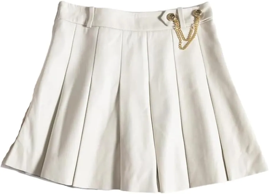 Women Playful College Style Japanese Golden Chain Short Blue White Lambskin Mini Pleated Skirt