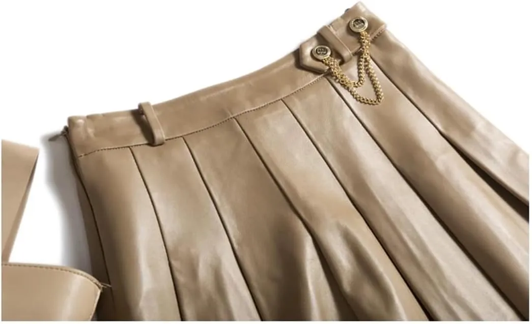 Women Playful College Style Japanese Golden Chain Short Blue White Lambskin Mini Pleated Skirt