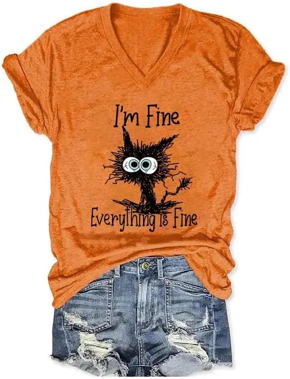 Womens I'm Fine Everything is Fine T Shirts Casual Summer V Neck Cat Graphic Tees Teen Girl Funny Tops