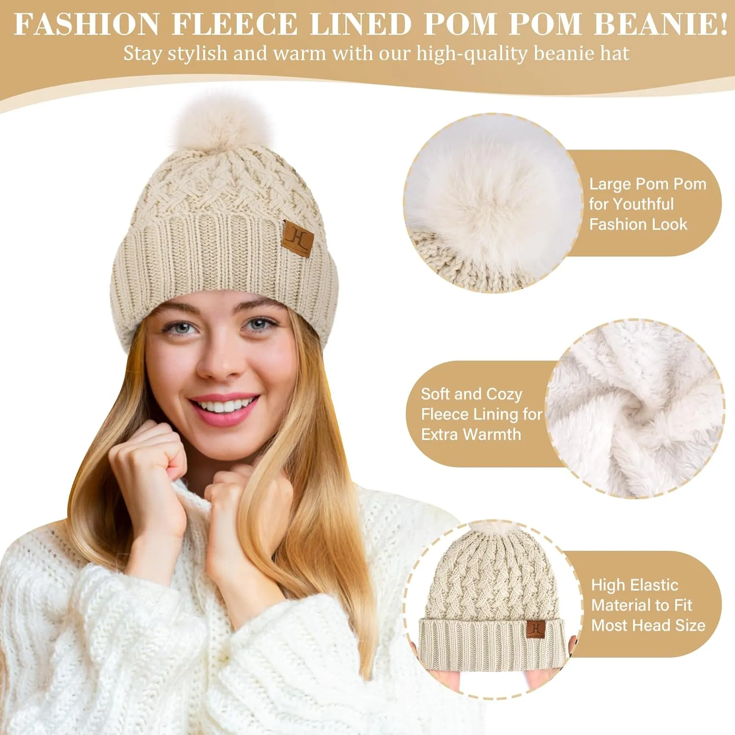 Womens Winter Beanie Hat Touchscreen Gloves Long Neck Scarf Set Warm Knit Caps with Pom Fleece Gifts for Women