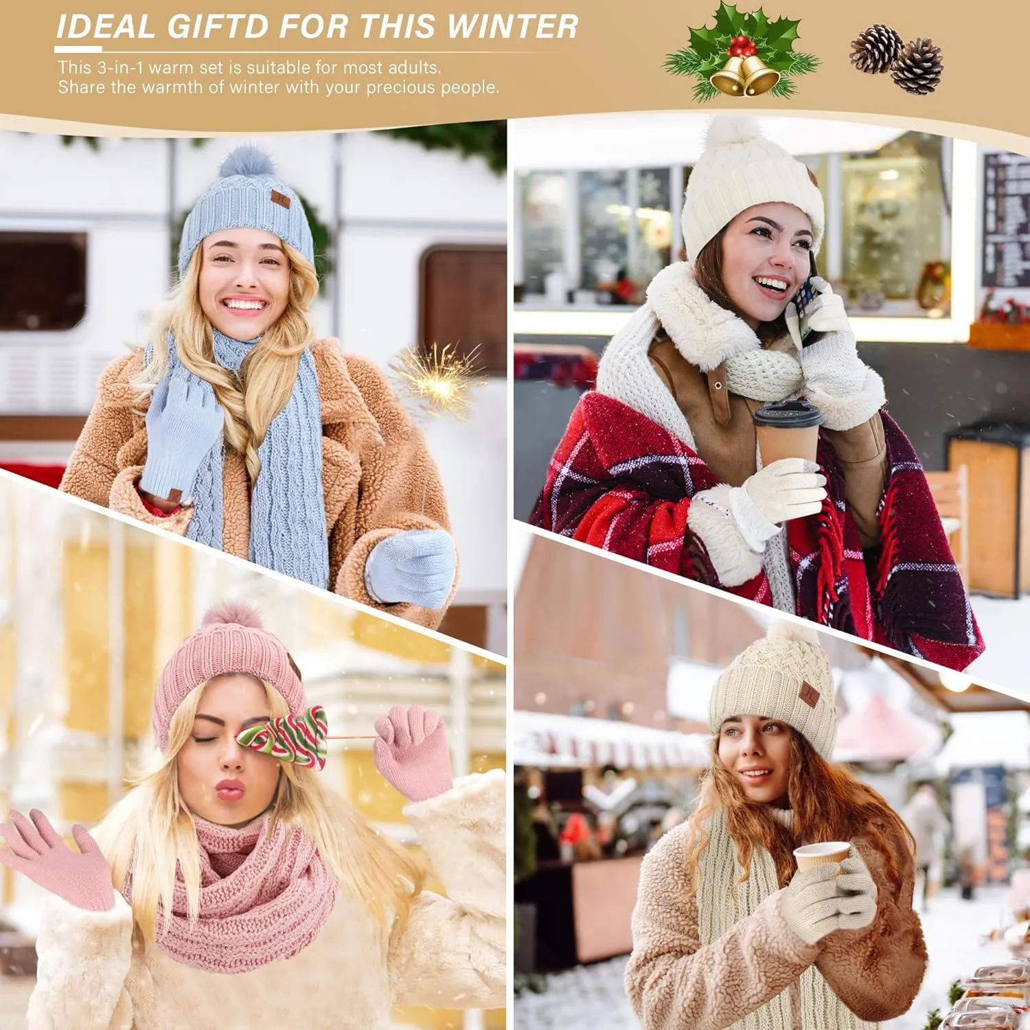 Womens Winter Beanie Hat Touchscreen Gloves Long Neck Scarf Set Warm Knit Caps with Pom Fleece Gifts for Women